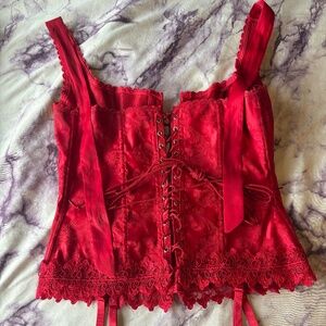 red Frederick's of Hollywood floral print satin corset with lace trim and garter
